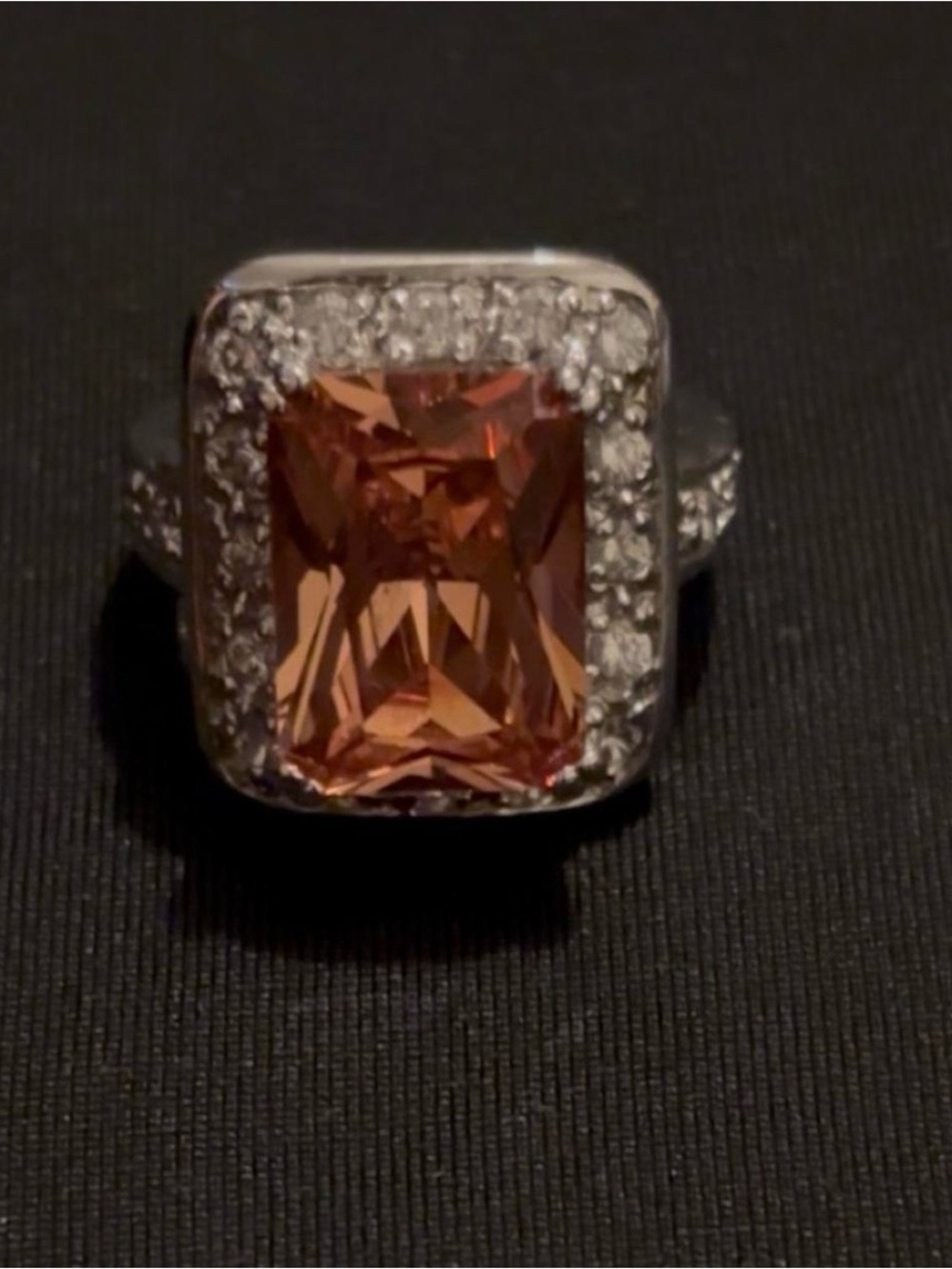 Silver Ring with Rectangular Peach Stone and Pavé Halo